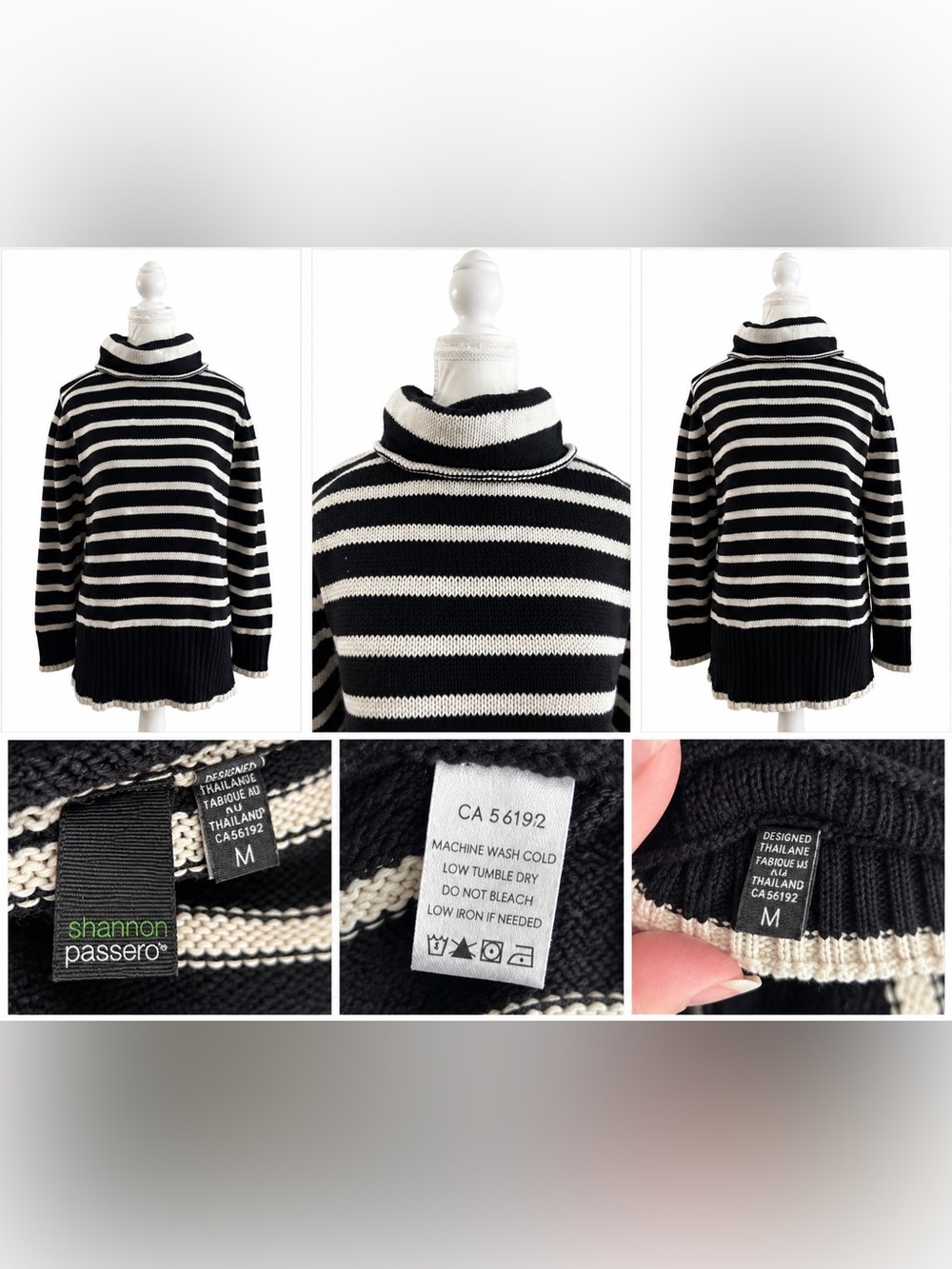 Shannon Passero Striped Black and Cream Turtleneck Sweater size M